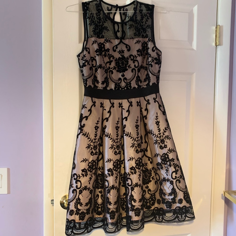 Gabby Skye Pink and Black Floral Lace Satin Dress